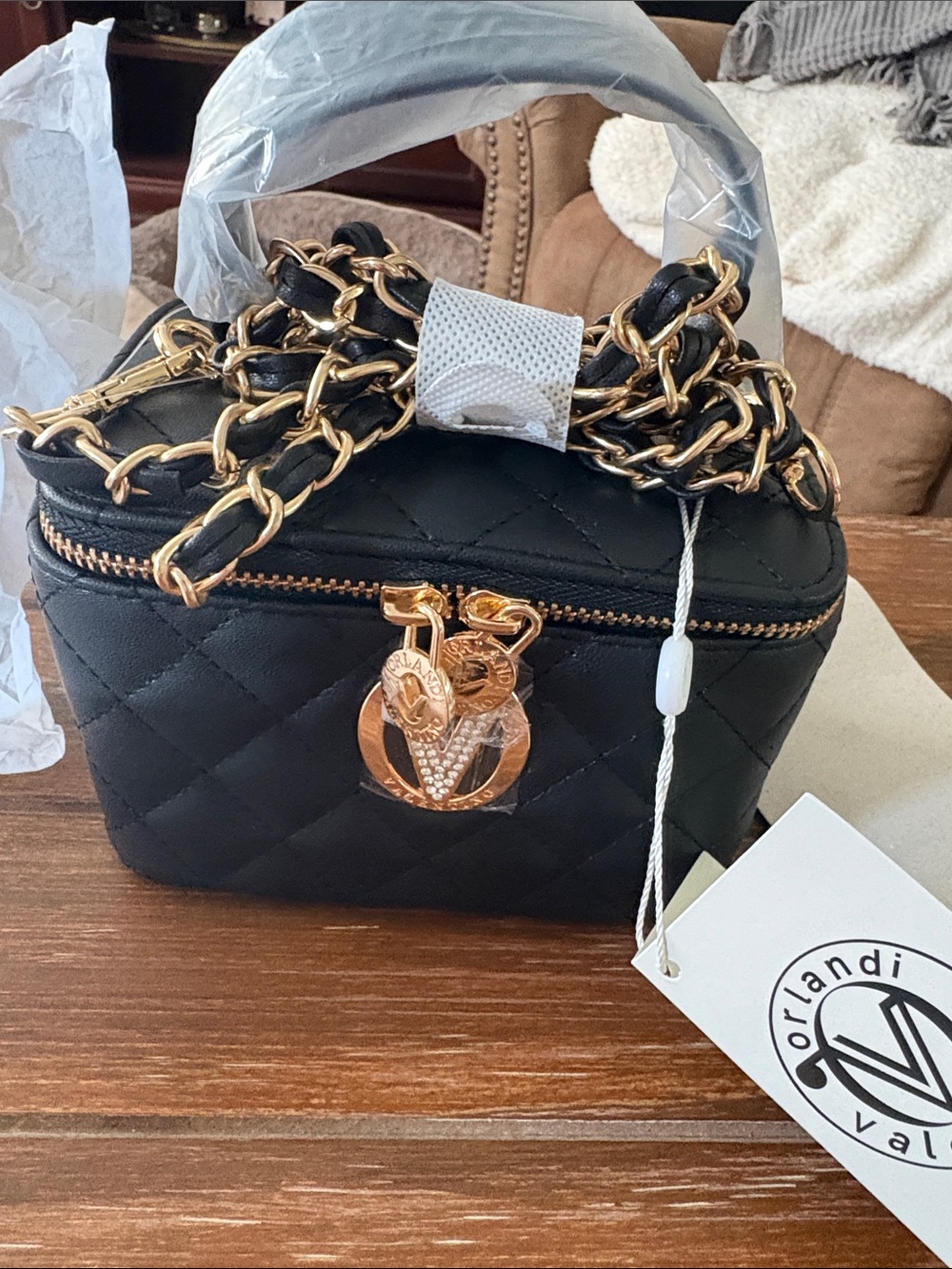 Valentino Orlandi Black Quilted Mini Crossbody with Gold Hardware